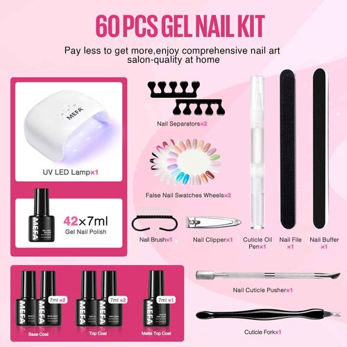 MEFA 42 Colors Gel Nail Polish Kit with U V Light, 59 Pcs All Seasons Collection Colorful Gel Polish Essential Set with 5 Psc Matte/Glossy Base Top Coat, Salon Gifts for Women