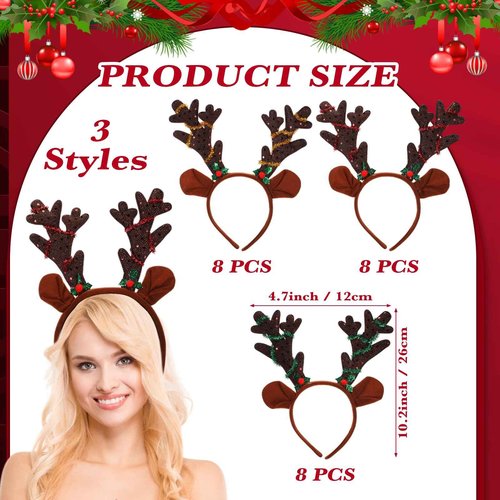 Yuxung 24 Pcs Christmas Reindeer Antlers Headband Bulk Sequined Reindeer Headwear Elk Headpiece for Xmas Party Costume Supply