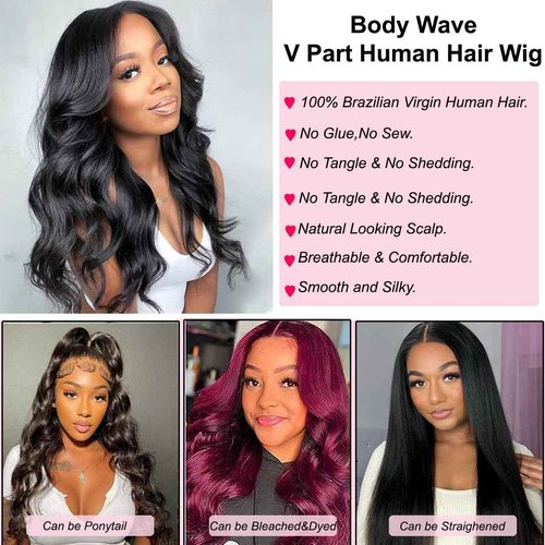 draconenee V Part Wig Human Hair 14 inch Upgrade U Part Wigs Body Wave for Black Women Beginner Friendly No Sew In and No Leave Out Glueless Brazilian Virgin Hair Natural Black Color 180% Density