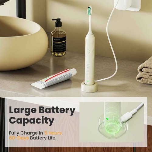 MIEUNUHH T3 White Wave Electric Toothbrush with 60° Oscillation & 5 Modes, Sonic Electric Toothbrush - IPX8 & Rechargeable with 2 Soft Brush Heads