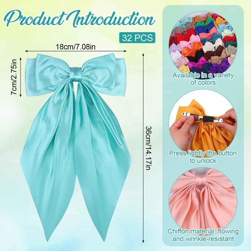 LIUBUJINGYING 32Pcs Satin Hair Bows Bulk Big Hair Bows for Women Large Hair Ribbons Silky Satin Oversized Hair Bows Long Tail Large Hair Barrettes Hair Cute Oversized Bow Hair Clips with Long Tails