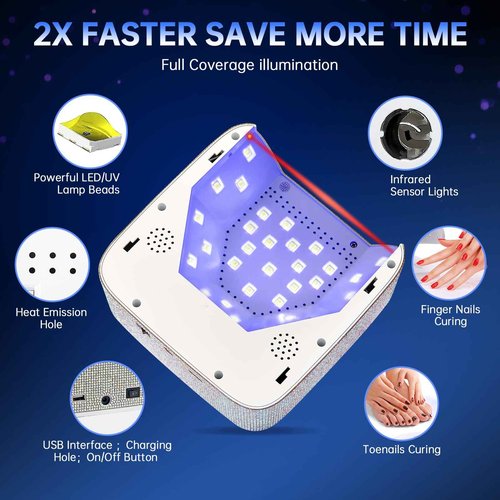 CHRISTINE SHELLY UV LED Nail Lamp 72W Rechargeable Sparkly Wireless Nail Dryer Gel Polish Light with 5 Timer Setting Professional Quick Dry Curing Lamp with Display Auto Sensor for Salon & Home