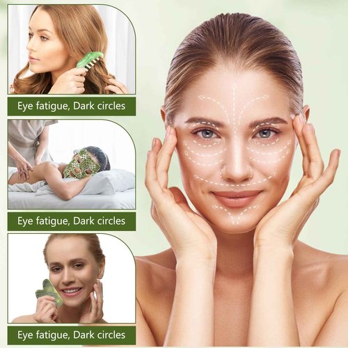 Demissle 4 Pcs Jade Eye Mask Jade Stone Facial Mask Scrap Massage Tool Hair Comb Facial Eye Cooling Stone Massage Tools for Puffy Eyes Dark Circles Gift(Dark Green)