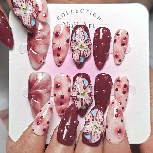 Handmade Press On Nails Almond, Burgundy Press On Nails Medium, 3D Flower Nails For Women Gift, Reusable Stick On Fake Nails Kit With Nail Glue(3D Burgundy Flower-L)
