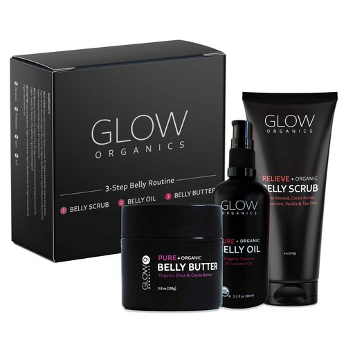 Glow Organics Stretch Mark Cream Belly Butter, Scrub and Oil, 3-Step Pregnancy Skin Care Kit, Belly Butter for Stretch Marks, Organic, Pregnancy & Baby Registry Must Haves, Mother To Be Gift.