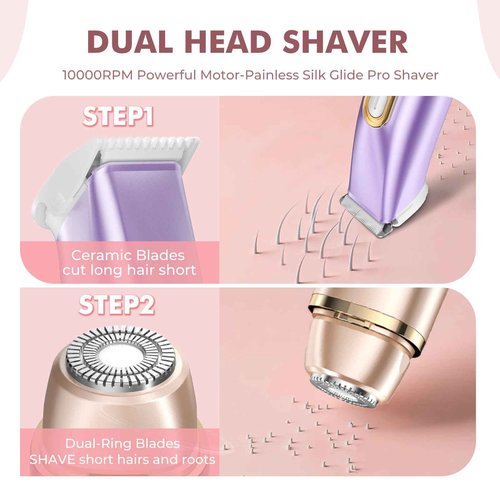 PVBKZ 2 in 1 Bikini Trimmer for Women, Dual Head Electric Razor, IPX7 Waterproof Wet/Dry Use Women Electric Shaver, Painless Body Facial Hair Remover for Bikini Legs Arm Underarm, (Lavender)