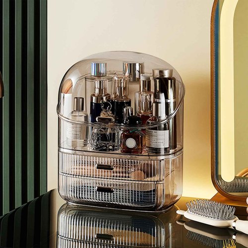 DASITON Makeup Organizer for Vanity,Large Capacity Cosmetic Organizer for Countertop,3 Layers Makeup Storage Organizer,Waterproof & Dustproof Cosmetic Display Case for Bathroom,Dresser,Bedroom(Coffee)