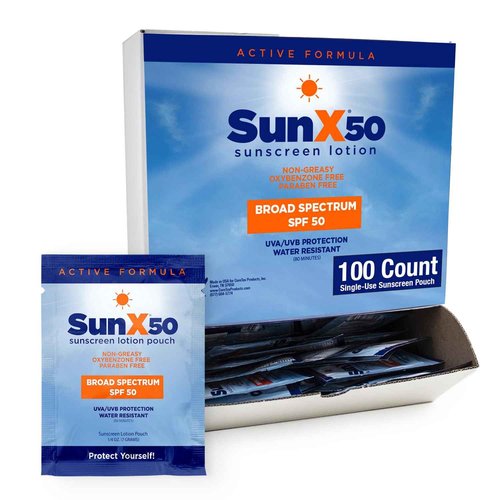 CoreTex Sun X 50 SPF Broad Spectrum Sunscreen Packets - Pack of 100 Paraben, Oxybenzone, Octinoxate, & Oil Free Sunscreen - No White Cast and Water & Sweat Resistant Up to 80 Minutes