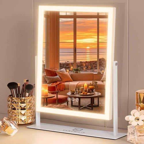 FENCHILIN Vanity Mirror with Lights 16.14" x 11.81",Lighted Makeup Mirror and Hollywood Mirror with Smart Touch Control 3 Colors Dimmable LED Light, 360°Rotation 10X Magnification(White)