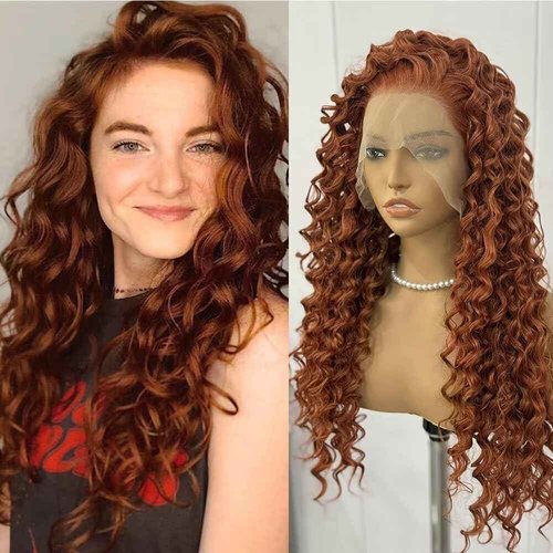 Ginger Long Curly Lace Wig Glueless Synthetic Lace Front Wigs For Women Heat Resistant Cosplay Orange 24Inch Long Deep Curl Wig Princess Merida Cosplay
