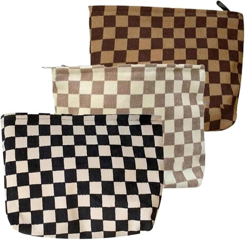BIVIZKU Travel Checkered Makeup Bag, Corduroy Cosmetic Bag for Purse, Small Cosmetic Zipper Pouch Cute Travel Checkered Makeup Bag Gift for Women,Girls (3 pack)