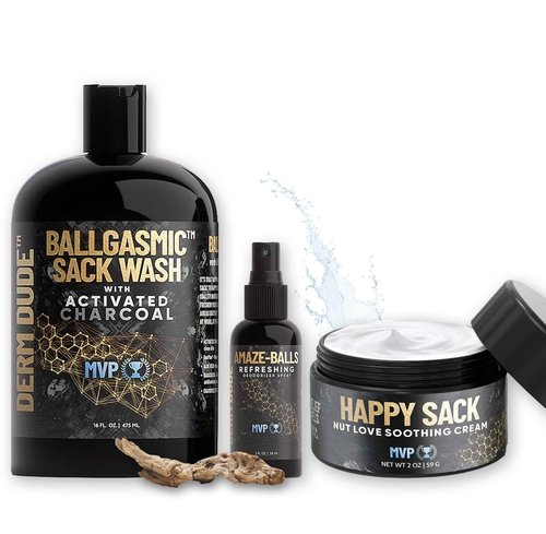 Derm Dude Mega Sack Set | Anti-Chafing Cream, Ball & Groin Deodorizing Spray, & Mens Body Wash for Private Area | With All-Natural DeoPlex & Activated Charcoal for Odor Control - MVP Scent