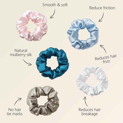 ZIMASILK 100% Mulberry Silk Hair Scrunchies, Best For Women And Girls’Hair, Elastic Hair Bands For Ponytail Holder Gentle And No Hurt (5 Pack, Light Blue, Pink, White, Taupe, Peacock Blue)