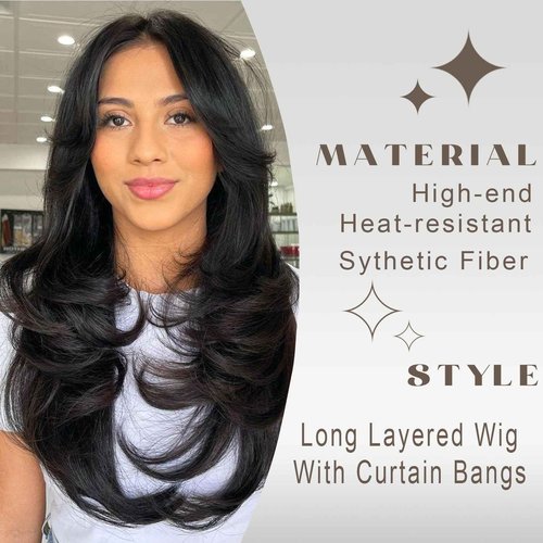 Aisaide Dark Brown Long Wavy Layered Wig with Curtain Bangs for Women Synthetic Brown Layered Wavy Wig Shaggy Blonde Butterfly for Women 24inch.
