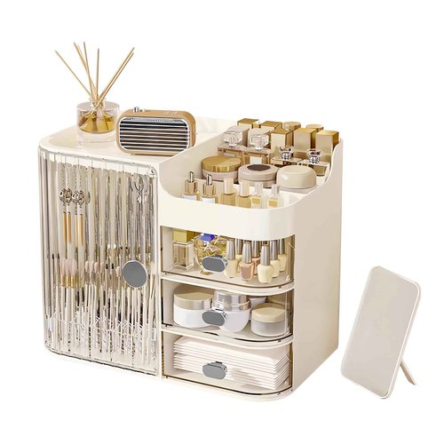 DASITON Makeup Organizer for Vanity,Large Capacity Makeup Storage Organizer with 3-Layer Drawers and Mirror,Cosmetics Display Case Make up Organizers for Vanity,Bedroom,Countertop(Clear-Cream)
