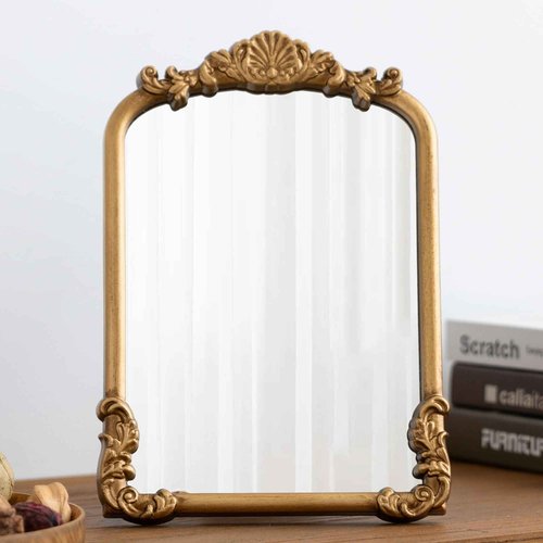 Vintage Vanity Small Gold Mirror Antique Makeup Desk Mirror with Stand Arched Table Mirror for Living Room Tabletop Countertop Bedroom Bathroom 8.5x12