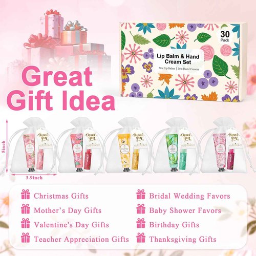 30 Sets Bulk Gifts For Women, Lip Balm Bulk and Hand Cream Gift Set with Organza Bags, Thank You Cards, Party Favors For Bridal Wedding, Baby Shower, Christmas Gift Stocking Stuffers