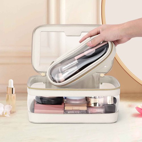 Soimeat Travel Clear Makeup Bag with Makeup Brush Bag, Leather Make up Case Toiletry Bag, Portable Cosmetic Bag Case, Transparent Waterproof Cosmetic Organizer Storage Bag for Women, Off-White