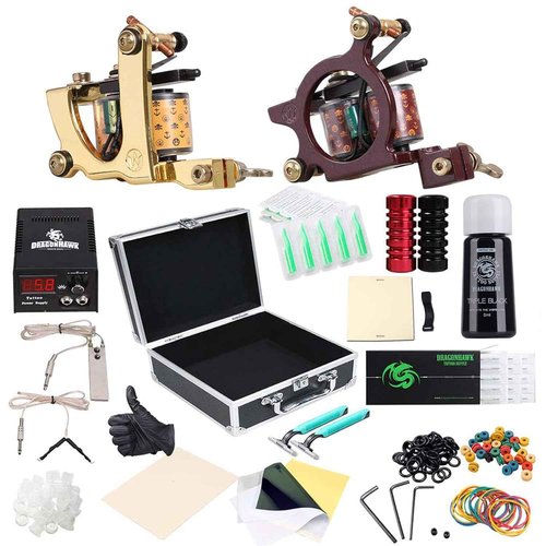 Dragonhawk Complete Tattoo Kit for Beginners 2 Pro Tattoo Machine Tattoo Power Supply Kit Tattoo Inks 5Pcs Practice Skin Tips Tattoo Supplies