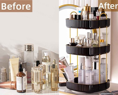 CESTATIVO 360° Rotating Makeup Organizer, Spinning Bathroom Organizer Countertop, Large Capacity Cosmetics Skincare Organizer for Bathroom Vanity Dresser Table (Black, 3 Tiers)