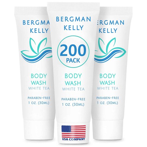 BERGMAN KELLY Travel Size Body Wash (1 fl oz, 200 PK, White Tea), Delight Your Guests with a Revitalizing and Refreshing Hotel Body Wash, Quality Mini and Small Size Guest Hotel Toiletries in Bulk