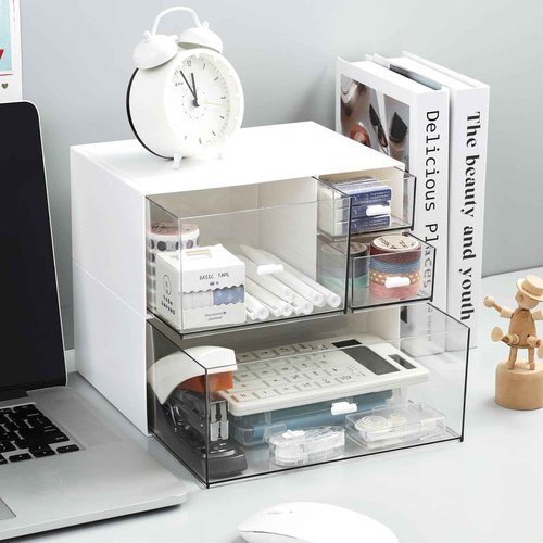 MILULUGO Desk Organizer with 4 Drawers, Makeup Organizer, Desktop Storage Box, Cosmetics Storage Box for nail polish, Lipstick, Brushes, Jewelry, Skincare, Bathroom Organization Boxes(White)