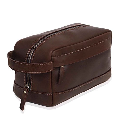 Leather Farm Premium Buffalo Leather Toiletry Bag for Men & Women - Dopp Kit With Water Resistant Lining, Shaving Pouch, Unisex Wash Bag For Toiletries, Gifts For Men and Women - Dark Brown