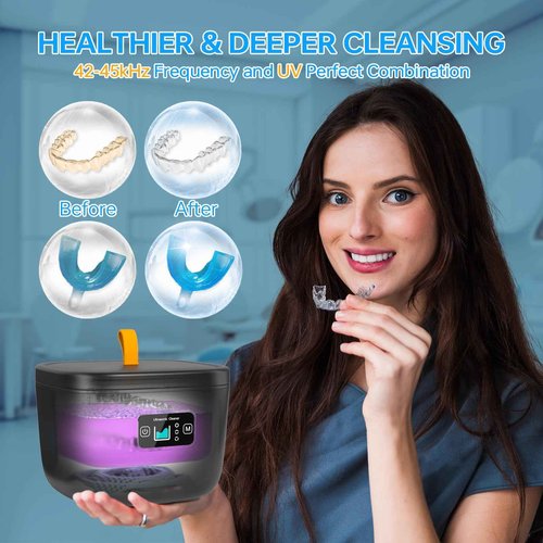Ultrasonic Retainer Cleaner Machine - Raccomb LED Light Dental Cleaner for Dentures, Aligner, InvisalignMouth Guard, Night Guard Cleaner, 230ml Sonic Cleaning Machine for Dental Appliances