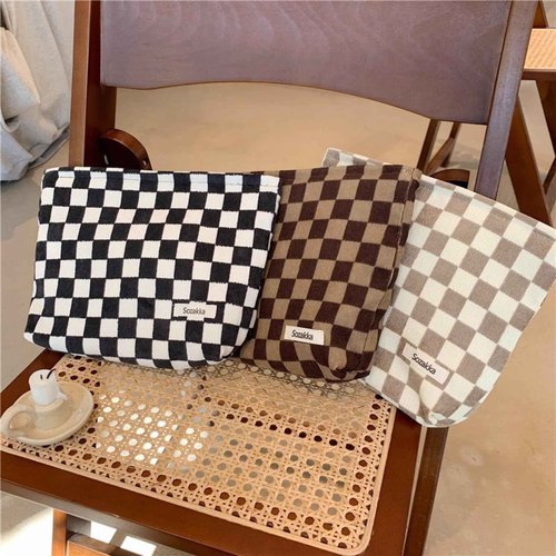 BIVIZKU Travel Checkered Makeup Bag, Corduroy Cosmetic Bag for Purse, Small Cosmetic Zipper Pouch Cute Travel Checkered Makeup Bag Gift for Women,Girls (3 pack)
