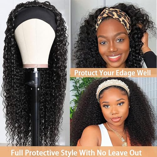 Hair Curly Wigs for Black Women 20 inch Wigs Human Hair Glueless Wear and Go None Lace Front Wig Headband Wigs Machine Made 150% Density Natural Color