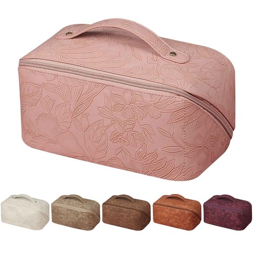 GOLDORANGE Floral Travel Cosmetic Bag Large Capacity Makeup Bag with Compartment and Handle Waterproof PU Leather Portable Flower Everything Cosmetic Bag, Pink