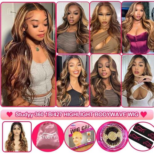 studyy Highlight Ombre 360 Body Wave Lace Front Wigs Human Hair Pre Plucked with Baby Hair Honey Blonde 360 HD Lace Frontal Wigs Full Lace for Women 20inch