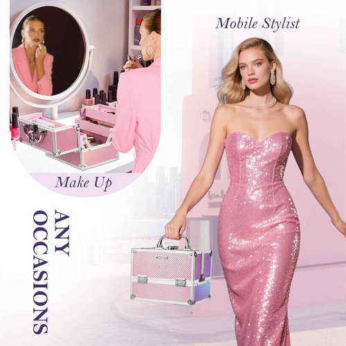 FRENESSA Makeup Train Case 8.85 Inch Portable Makeup Case Organizer Cosmetic Box Make Up Box Makeup Organizer Cosmetic Storage Cases with Locking Nail Kit Organizer Small Travel Case Mermaid Pink