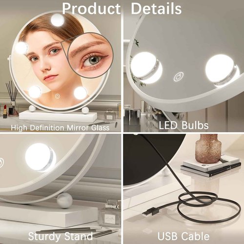 ROLOVE 13 Inch Hollywood Vanity Mirror with Lights, Round Make Up Mirror with Lighting, LED Makeup Mirror with 5 Dimmable Bulbs for Bedroom Tabletop, Smart Touch Control, 360° Rotation