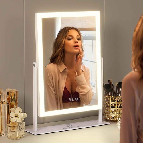 FENCHILIN Vanity Mirror with Lights 16.14" x 11.81",Lighted Makeup Mirror and Hollywood Mirror with Smart Touch Control 3 Colors Dimmable LED Light, 360°Rotation 10X Magnification(White)