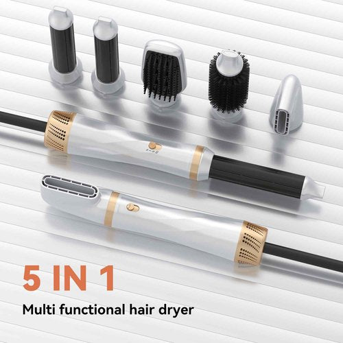 5 in 1 Blow Dryer Brush,110-120V Hair Dryer Brush, Fast Drying & 3 Adjustable Temperatures Hot-Air Hair Brushes, Detachable Hot Air Styler Set for Curling/Volumizing/Straightening/Styling (White Gold)