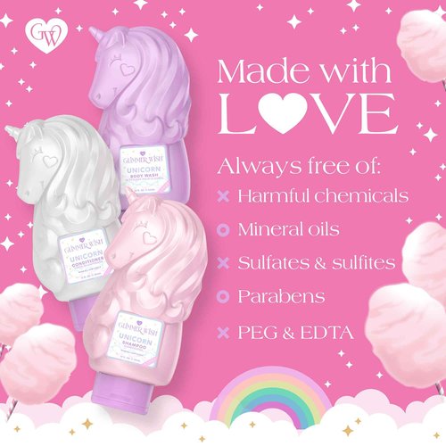 Glimmer Wish Premium Unicorn Shampoo + Conditioner + Body Wash, Vanilla Cotton Candy Scent, Dermatologist Tested, Sulfate & Sulfite Free, Paraben Free, PEG & EDTA Free, 100% Vegan, Cruelty & Gluten