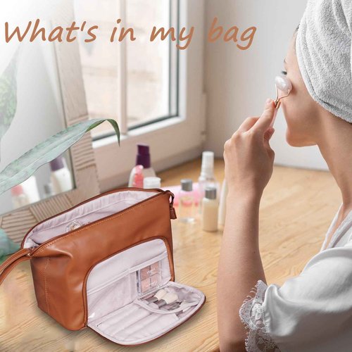 CHATSZ Makeup Bag for Women, Waterproof Cosmetic Bags, Travel Toiletry Bag, Makeup Bag Organizer with Divider and Handle, Wide-Open Cosmetic Case Portable (Brown)