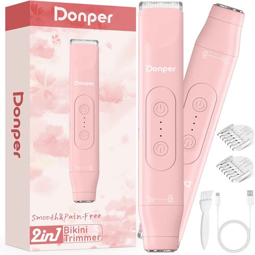 Donper Bikini Trimmer for Women, 2 in 1 Electric Razors for Shower&Travel, IPX7 Waterproof Pubic Hair Remover for Underarm, Legs & Bikini Area, Painless Razor,Hypoallergenic Foil & Ceramic Blades