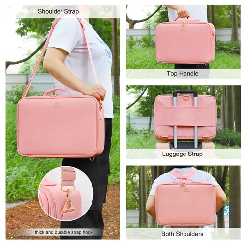 Relavel Makeup Bag with LED Mirror, 16.2 inches Large Makeup Case Travel Portable Cosmetic Organizer Vanity Case for Women, Rechargeable Lighted Mirror Professional Makeup Artists Storage Box (Pink)