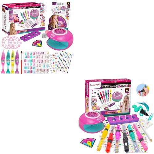 Amagoing Nail Art Kit for Girls, Kids Nail Polish Play Set with Nail Dryer, 2 in 1 Nail Pens,Sticky Cartoon Fake Nail, DIY Sticker, Nail Studio Decoration Birthday Christmas Gift for Kids Age 6-12