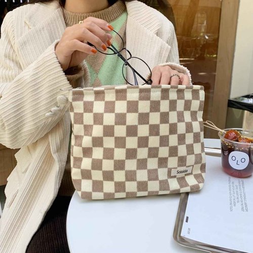 BIVIZKU Travel Checkered Makeup Bag, Corduroy Cosmetic Bag for Purse, Small Cosmetic Zipper Pouch Cute Travel Checkered Makeup Bag Gift for Women,Girls (3 pack)