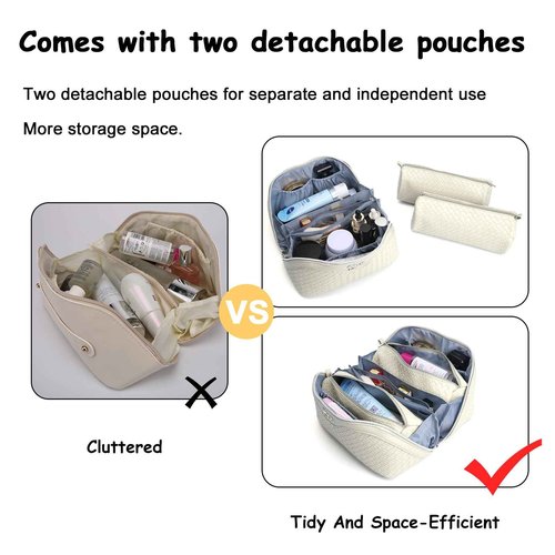 BOYATU Travel Makeup Bags for Women: Large Cosmetic Bag - Vegan Leather Make up Bags Set of 3 - Protable Toiletry Bag Compact Organizer with Compartments (L09 Beige)