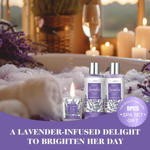 Spa Gift Basket for Women, 8pcs Lavender Spa Kit Set with Body Wash, Bubble Bath, Scrub, Bath & Beauty Skin Care Gift Sets, Christmas Gifts Set for Women, Her, Mom