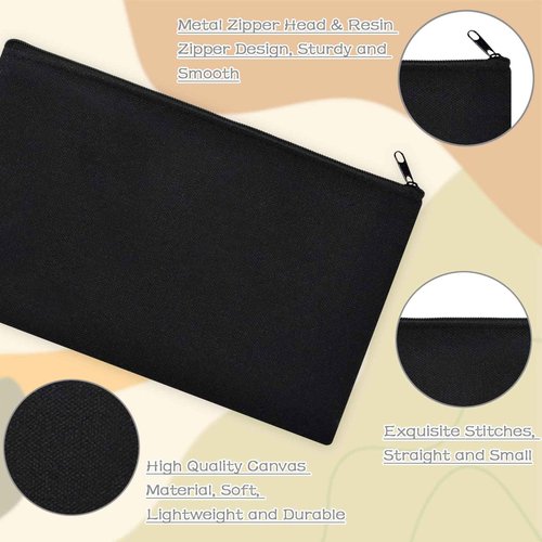 ZeeDix 36 Packs Black Canvas Pouch- Multi-purpose Cosmetic Bag with Zipper, Blank DIY Craft Canvas Zipper Bag, Travel Toiletry Bag (8.3 x 5 inches)