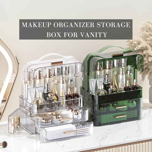 LINFIDITE Cosmetics Storage Box Transparent Lid Large Makeup Organizer Box Drawers Portable Handle Waterproof Dustproof Skincare Display Cases for Countertop, Bathroom, Dresser,Gift Clear Green