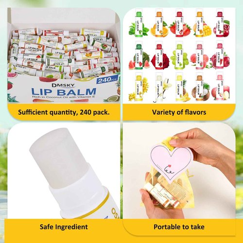 DMSKY 240 Pack Lip Balm, Natural Lip Balm Bulk with Vitamin E and Coconut Oil, Moisturizing Lip Balms for Chapped Lips, Bulk Lip Balms for Women-15 Flavors