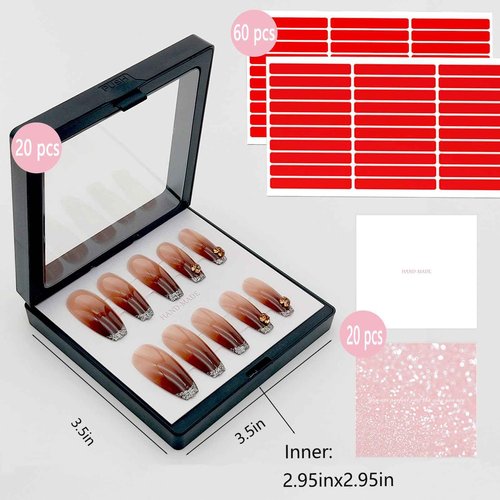 GUXACU Press On Nail Packaging Boxes 3D Floating Press On Nail Storage Box Nail Display Box with 60pcs Double Sided Adhesive Nail Display Tape for Nail Tech (Black, 3.5 inch)