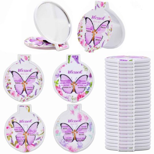 Eva's Moment 40 Pcs Christian Butterfly Compact Mirrors Bulk Bible Verse Mini Mirror Gifts Inspirational Portable Small Makeup Mirror for Women Church Scripture Party Gift 4 Styles