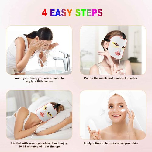 Hopihe LED Face Mask Light Therapy, 7 Color LED Red Light Therapy for Face with 3 Modes Rechargeable Remote, 850NM Infrared & Red Light Mask Timing Function for Home(White)